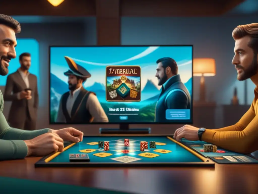 Un grupo diverso de personas juega emocionados juegos de mesa online como Settlers of Catan y Ticket to Ride en un entorno futurista y envolvente