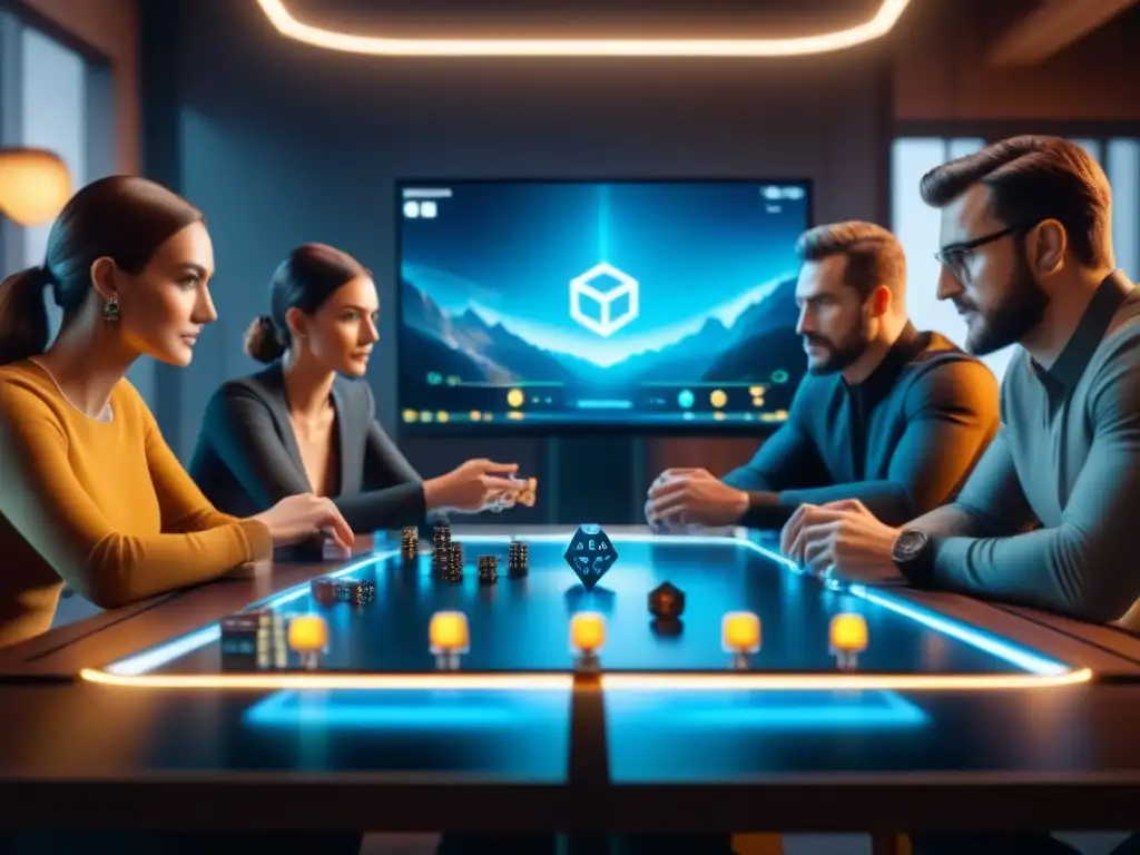 Un grupo diverso de personas juega un emocionante juego de mesa en un mundo blockchain futurista