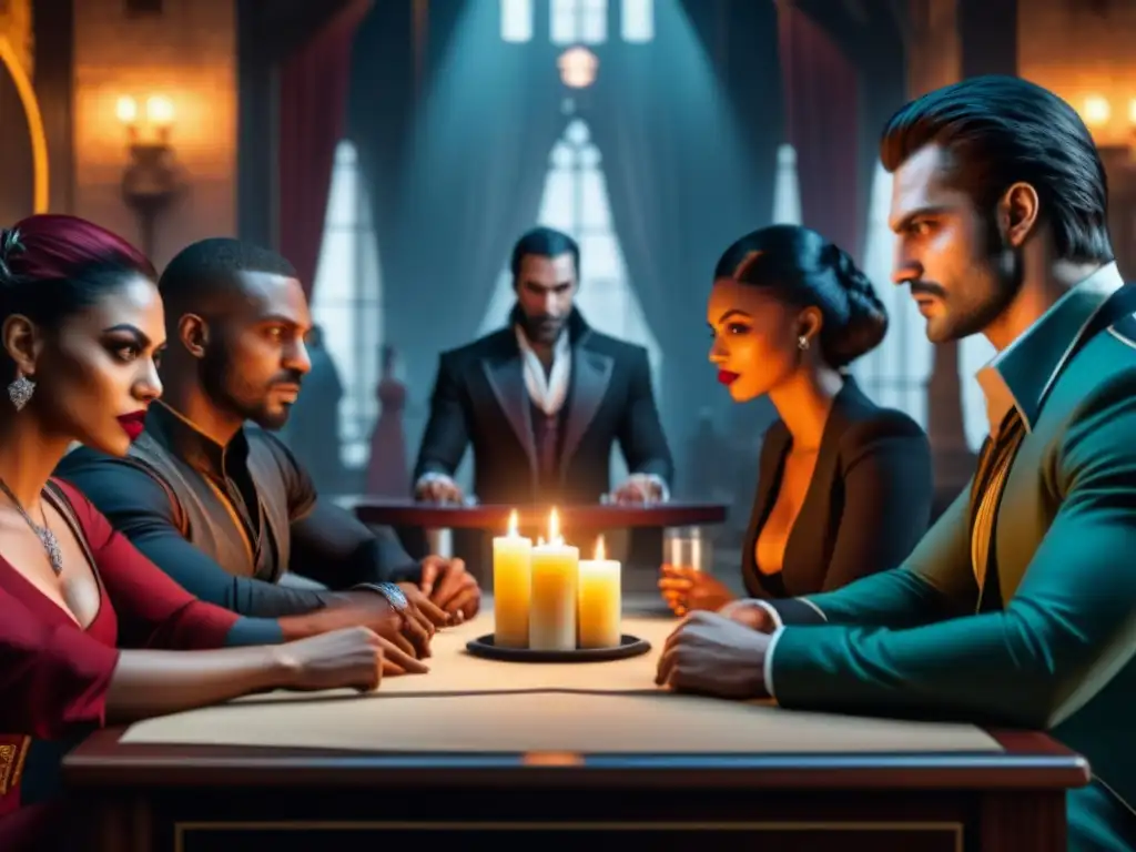 Un grupo diverso de personas juega con intensidad 'Vampire: The Masquerade' en una habitación con velas, transmitiendo emoción y concentración