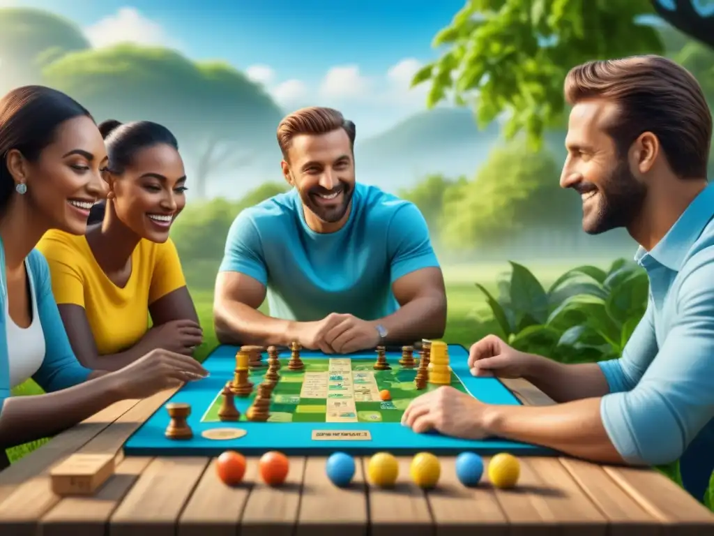 Un grupo diverso de personas disfruta de un juego de mesa sostenible en un parque, conectando diversión y conciencia ambiental