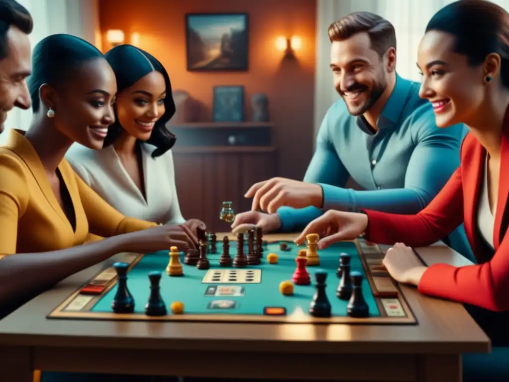 Juego de mesa inclusivo con asistente AI futurista Un grupo diverso de personas juega un juego de mesa con asistente de IA futurista, promoviendo la inclusividad y la tecnología en los juegos de mesa