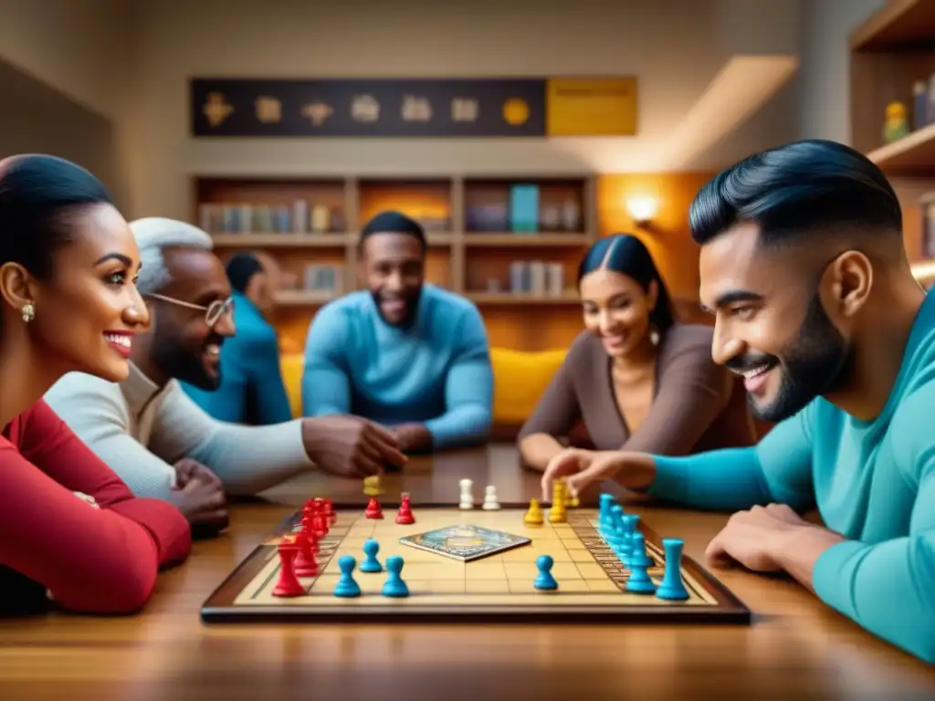 Grupo diverso de personas disfrutando de un juego de mesa en ambiente acogedor