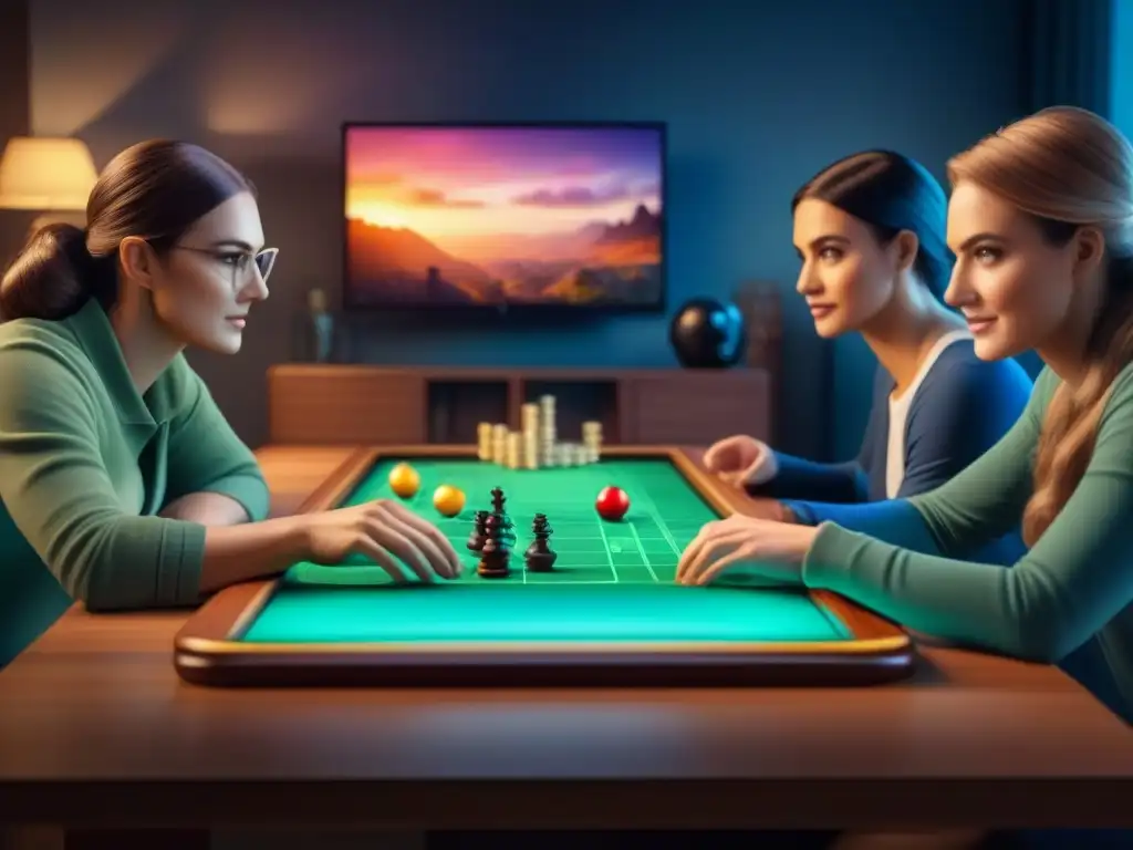 Experiencia de juego fusionando lo clásico y digital Un grupo diverso de personas disfruta de un juego de mesa virtual, fusionando lo analógico y digital