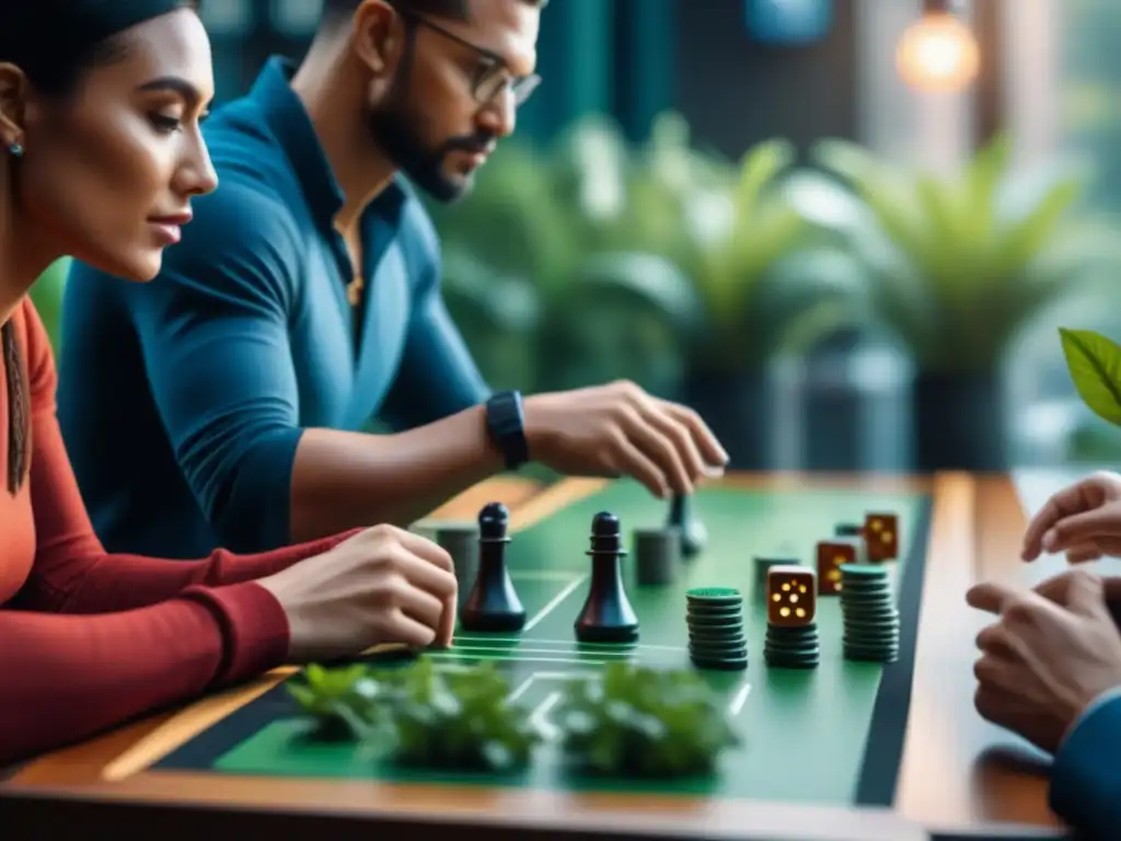 Un grupo diverso de personas juega un juego de mesa en un café eco-friendly, rodeado de plantas y tecnología blockchain