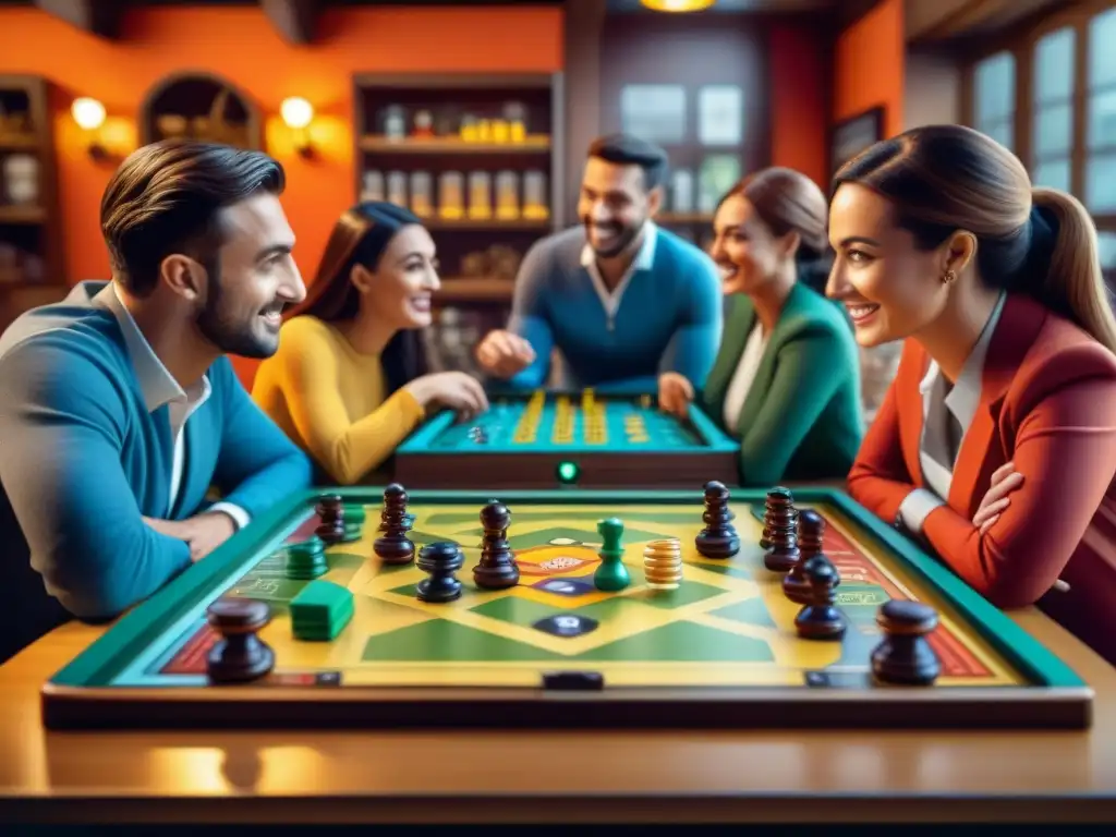 Un grupo diverso de personas disfruta de juegos de mesa portátiles en una cafetería acogedora