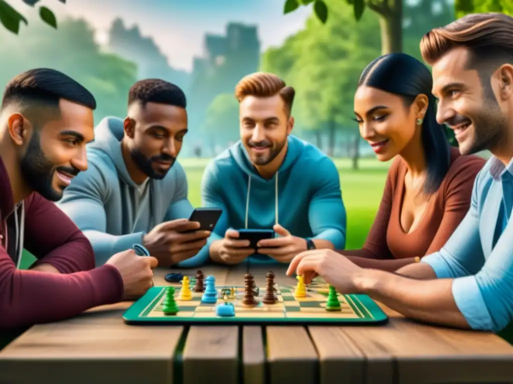 Un grupo diverso de personas juega juegos de mesa en sus smartphones en un parque