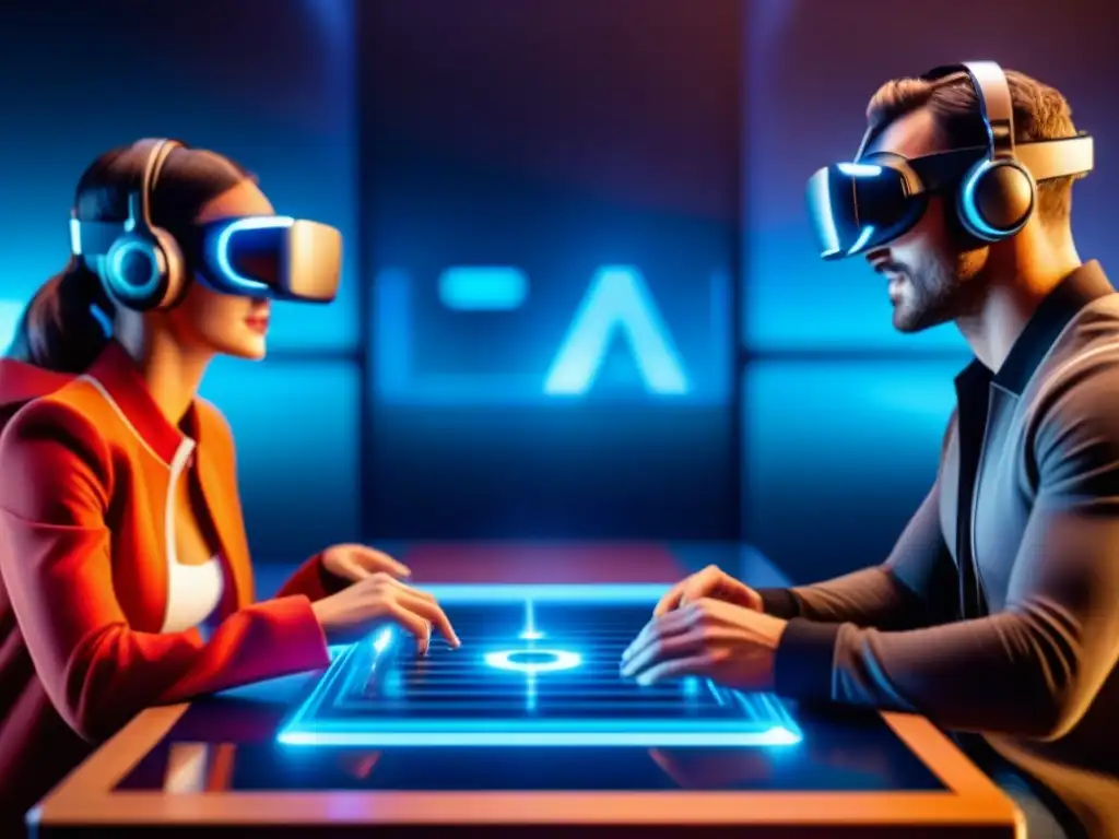 Un grupo diverso de personas juega juegos de mesa realidad virtual en un ambiente futurista