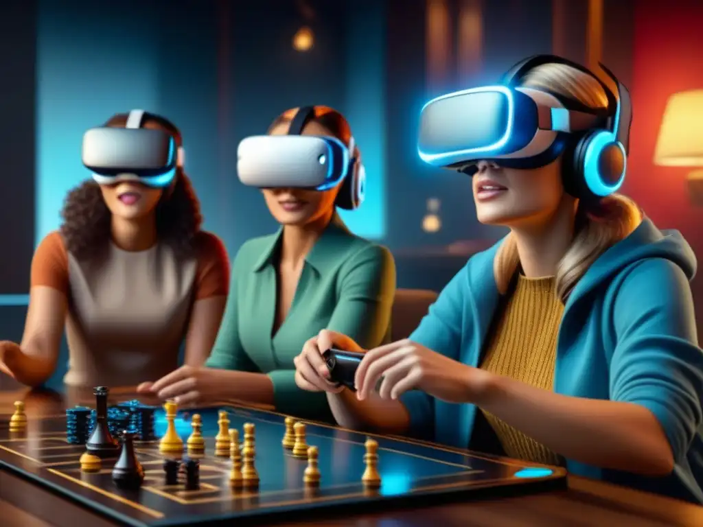 Grupo diverso de personas disfrutando de juegos de mesa en realidad virtual, concentración y emoción en sus rostros