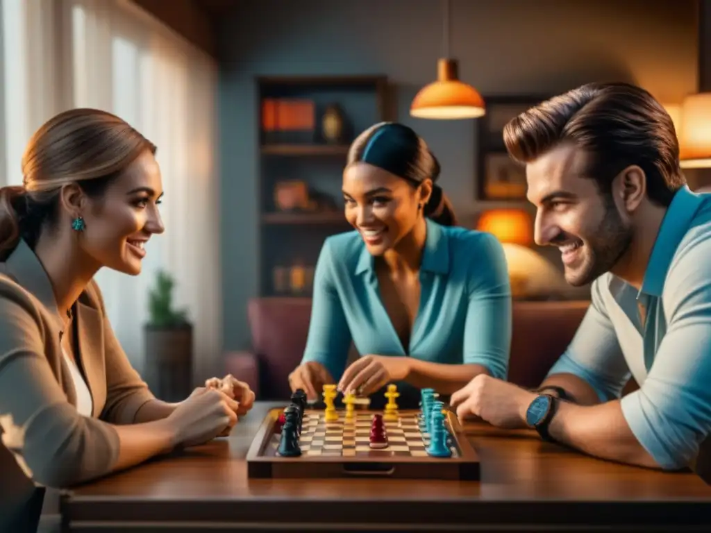 Emociones y estrategias en juegos de mesa: diversión en grupo Un grupo diverso de personas disfrutando de juegos de mesa juntos en un acogedor salón, demostrando sus Preferencias de juegos de mesa