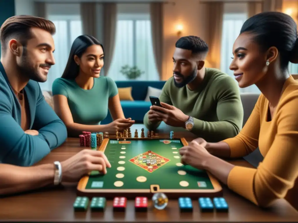 Juego de mesa en grupo: diversión y camaradería Un grupo diverso de personas disfruta de juegos de mesa móviles evolución en una sala acogedora