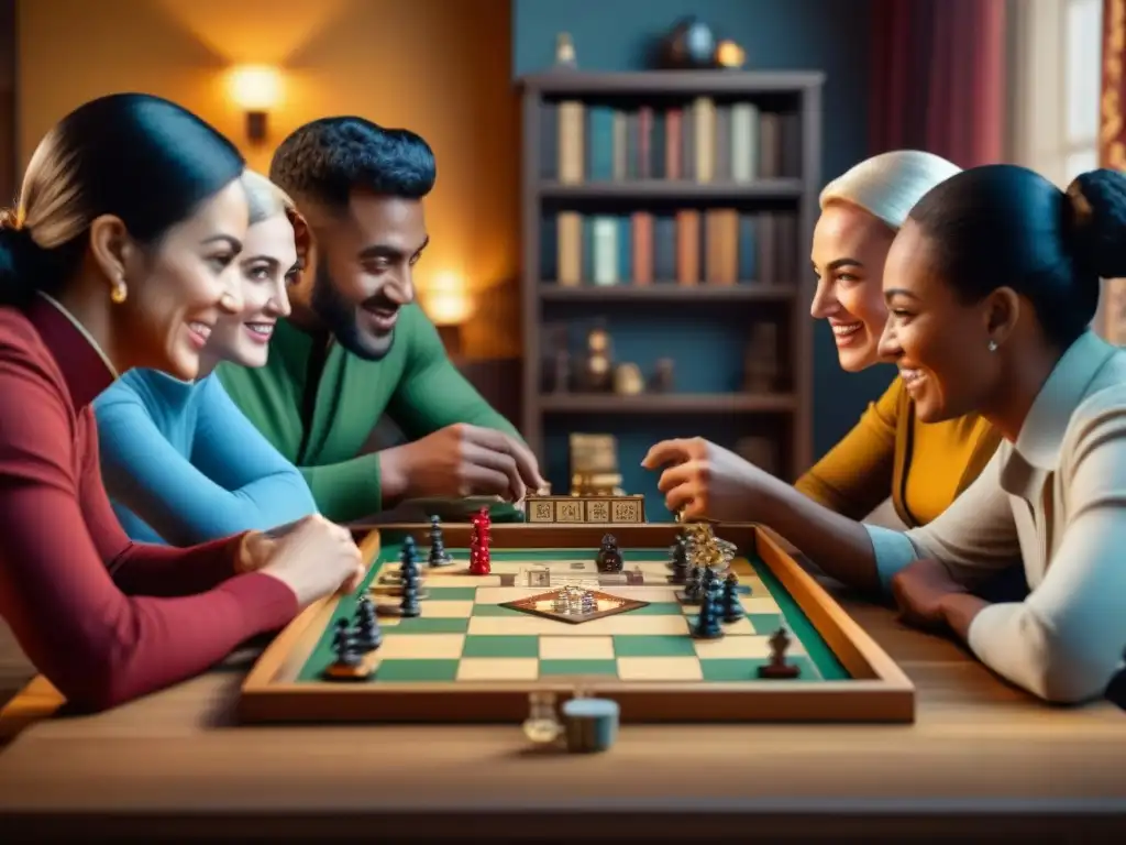 Un grupo diverso de personas juega juegos de mesa en una sala acogedora, mostrando la cohesión social