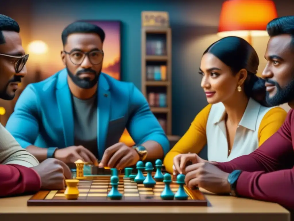 Un grupo diverso de personas disfruta de juegos de mesa modernos reseñas en una atmósfera emocionante y llena de camaradería