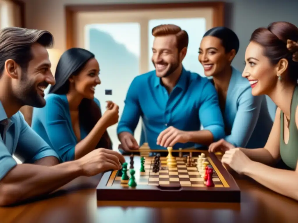 Un grupo diverso de personas disfruta de juegos de mesa, mostrando la importancia de juegos de mesa en la conexión y la diversión