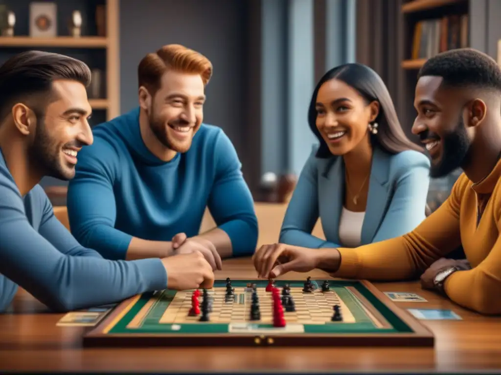 Un grupo diverso de personas disfruta y se concentra en juegos de mesa, resaltando el impacto psicológico positivo