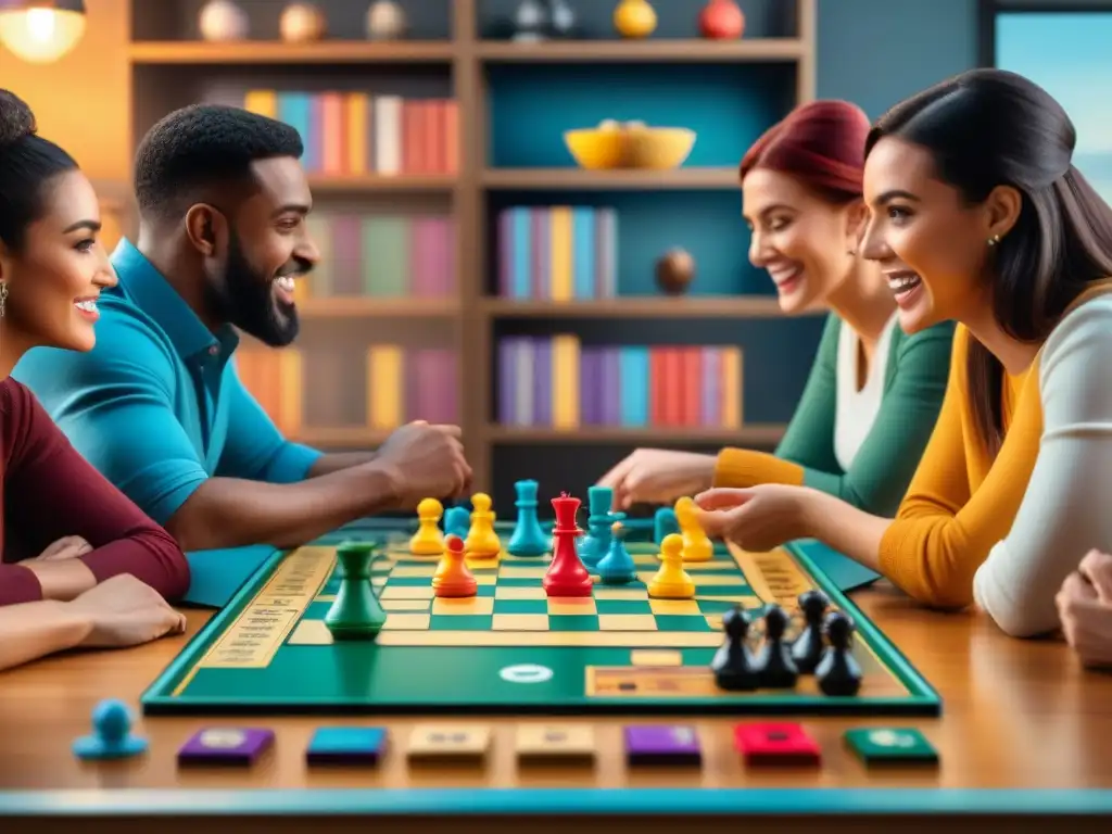 Un grupo diverso de personas disfruta de juegos de mesa en un ambiente emocionante