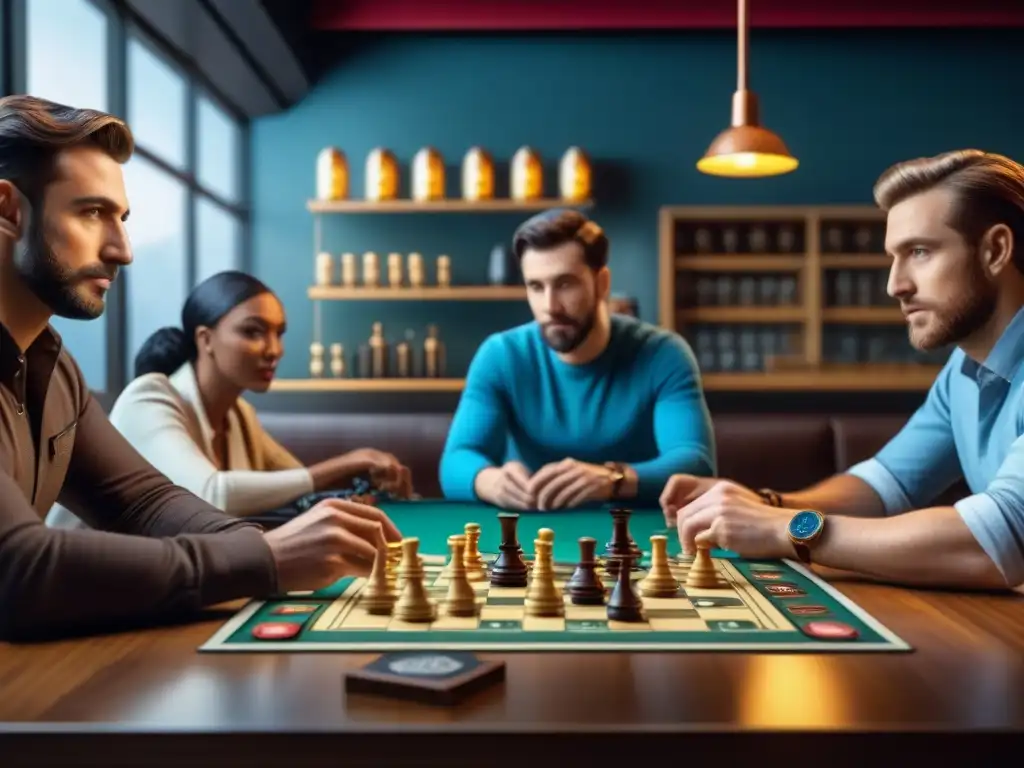 Un grupo diverso de personas disfruta de juegos de mesa modernos en un café, mostrando la evolución histórica de los juegos de mesa