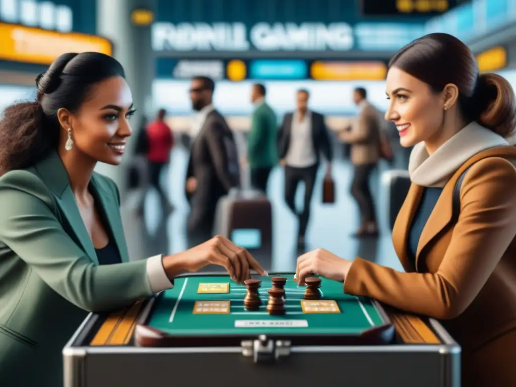 Un grupo diverso de personas juega juegos de mesa para viajar en una bulliciosa terminal de aeropuerto, creando un ambiente de emoción y camaradería