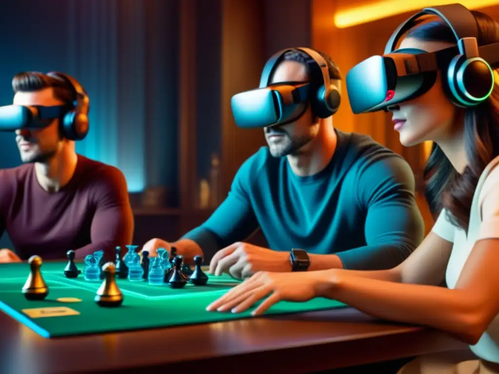 Un grupo diverso de personas en Realidad Virtual juegos de mesa, inmersos en un juego virtual futurista con efectos de iluminación dinámicos