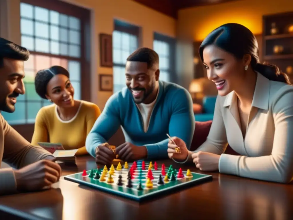 Un grupo diverso de personas juega animadamente Trivial Pursuit en una acogedora sala, con el juego en foco