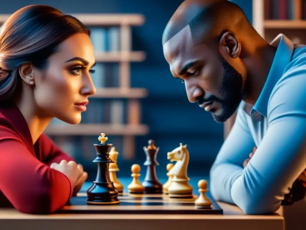 Grupo diverso juega ajedrez, concentración y diversión, rodeados de juegos y libros sobre personalidad