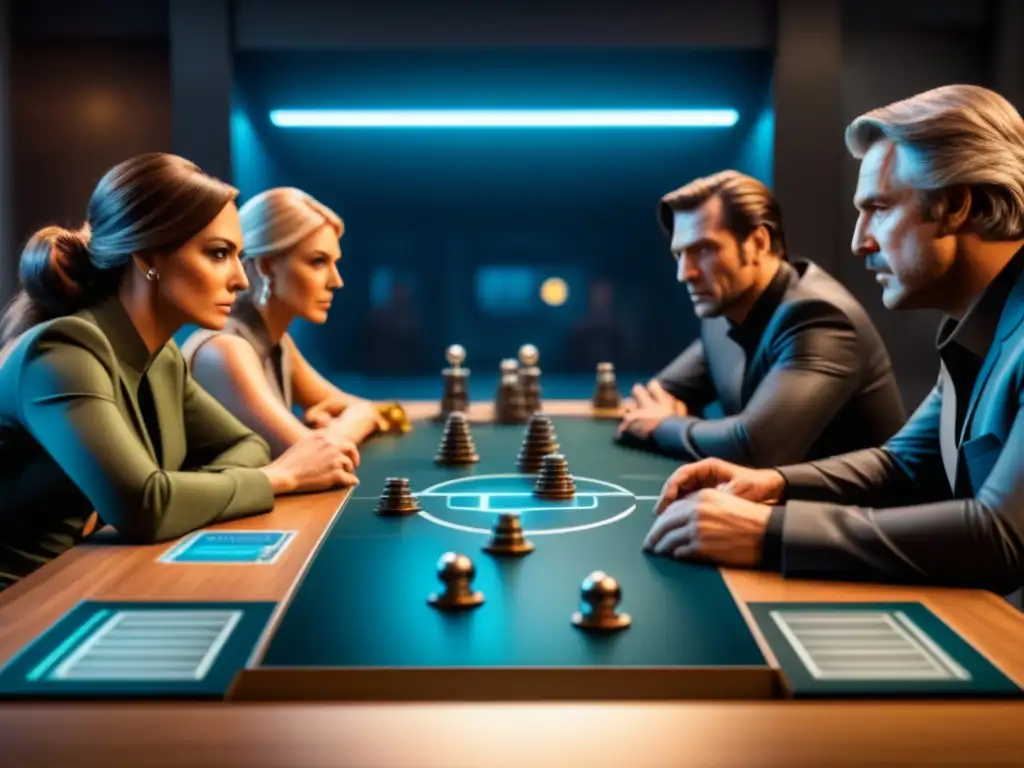 Grupo diverso en tensa estrategia durante juego de mesa Battlestar Galactica