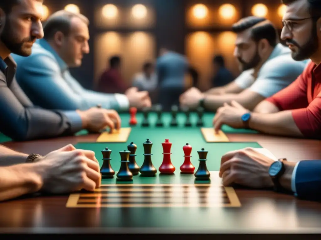 Grupo diverso compitiendo en torneo mundial de juegos de mesa, concentrados y determinados en estrategias ganadoras