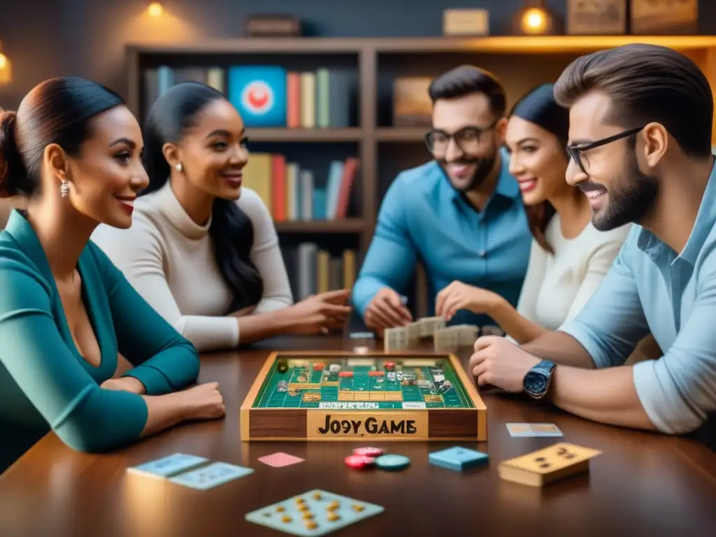 Un grupo diverso se reúne en torno a juegos de mesa, mostrando camaradería y diversión