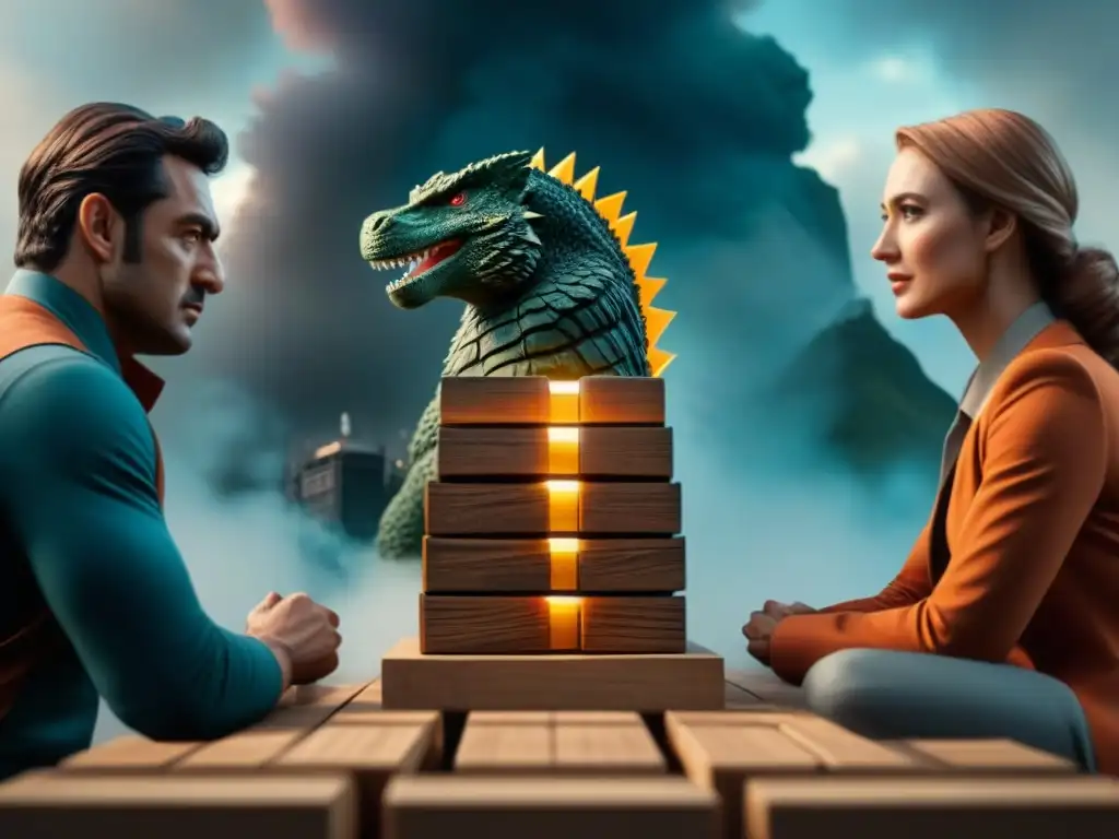 Grupo diverso juega torre Jenga Godzilla con emoción y concentración