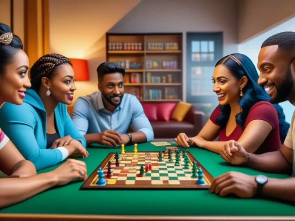 Un grupo diverso celebra triunfos en liga de juegos de mesa, mostrando alegría y concentración