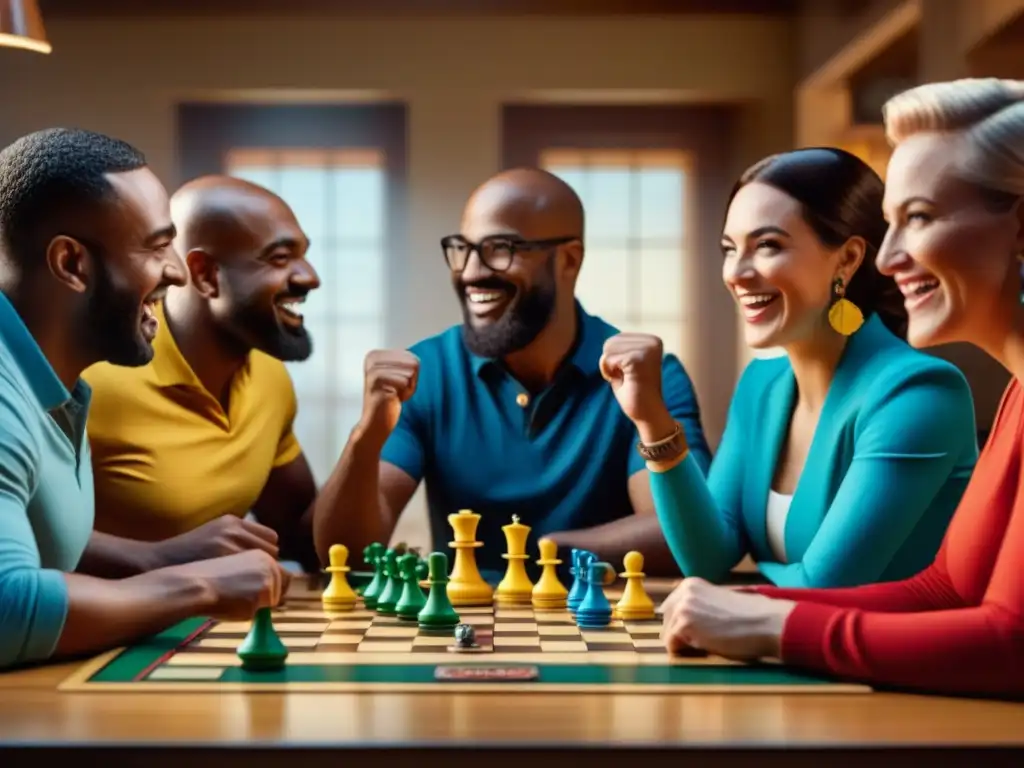 Grupo diverso celebra triunfos en liga de juegos de mesa con alegría y camaradería