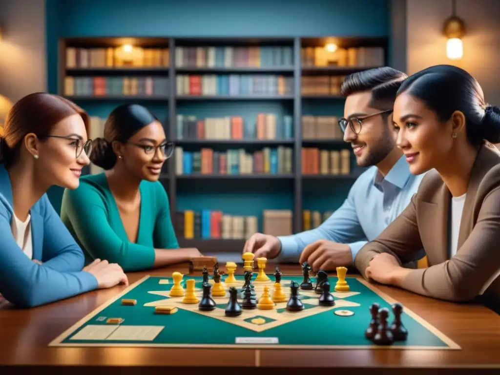 Grupo diverso de universitarios concentrados en un juego de mesa estratégico en un ambiente intelectual