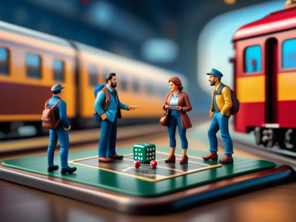 Grupo diverso de viajeros disfrutando de juegos de mesa para viajar en estación de tren animada