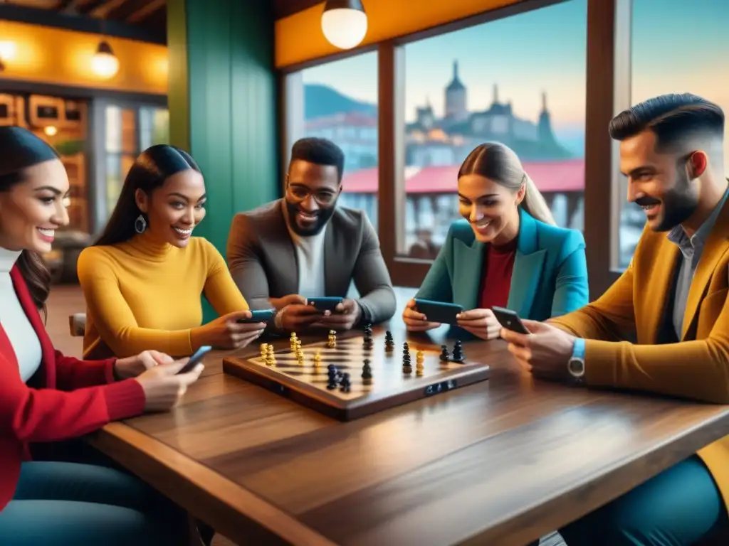 Grupo diverso de viajeros disfrutando de una partida en una aplicación móvil de juegos de mesa en un café urbano