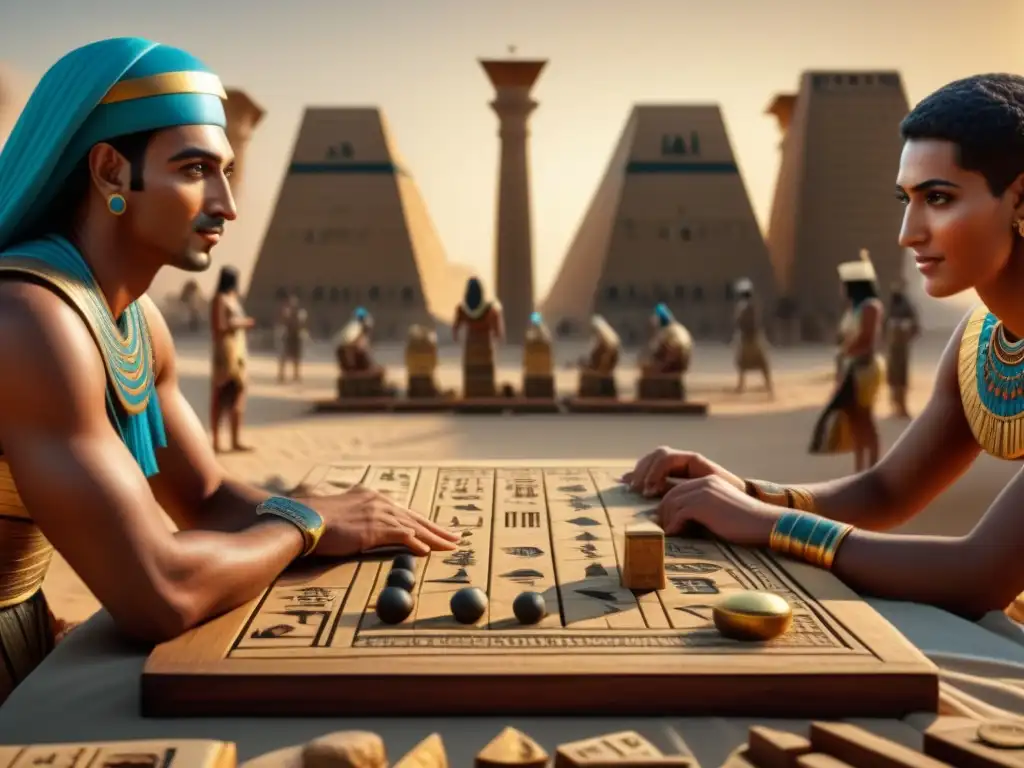 Grupo de egipcios antiguos concentrados en un juego de mesa del Antiguo Egipto en un templo, mostrando estrategia e historia