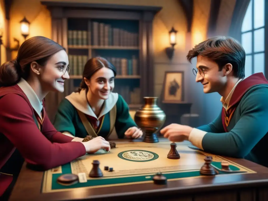 Grupo emocionado juega Harry Potter juegos de mesa en hogar acogedor