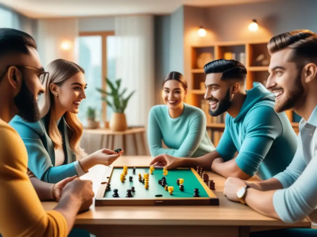 Grupo entusiasta jugando juegos de mesa en sala llena de diversión y camaradería, ideal para reseñas juegos de mesa TikTok