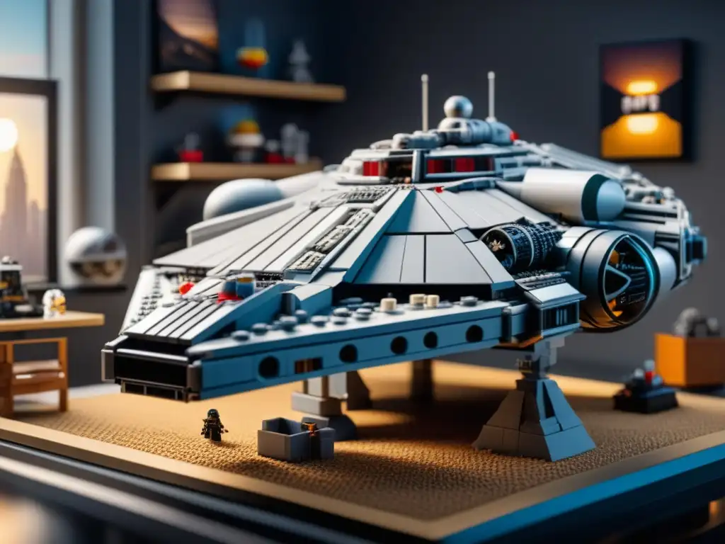 Un grupo de entusiastas monta detallado Millennium Falcon LEGO Star Wars en brillante sala llena de sets