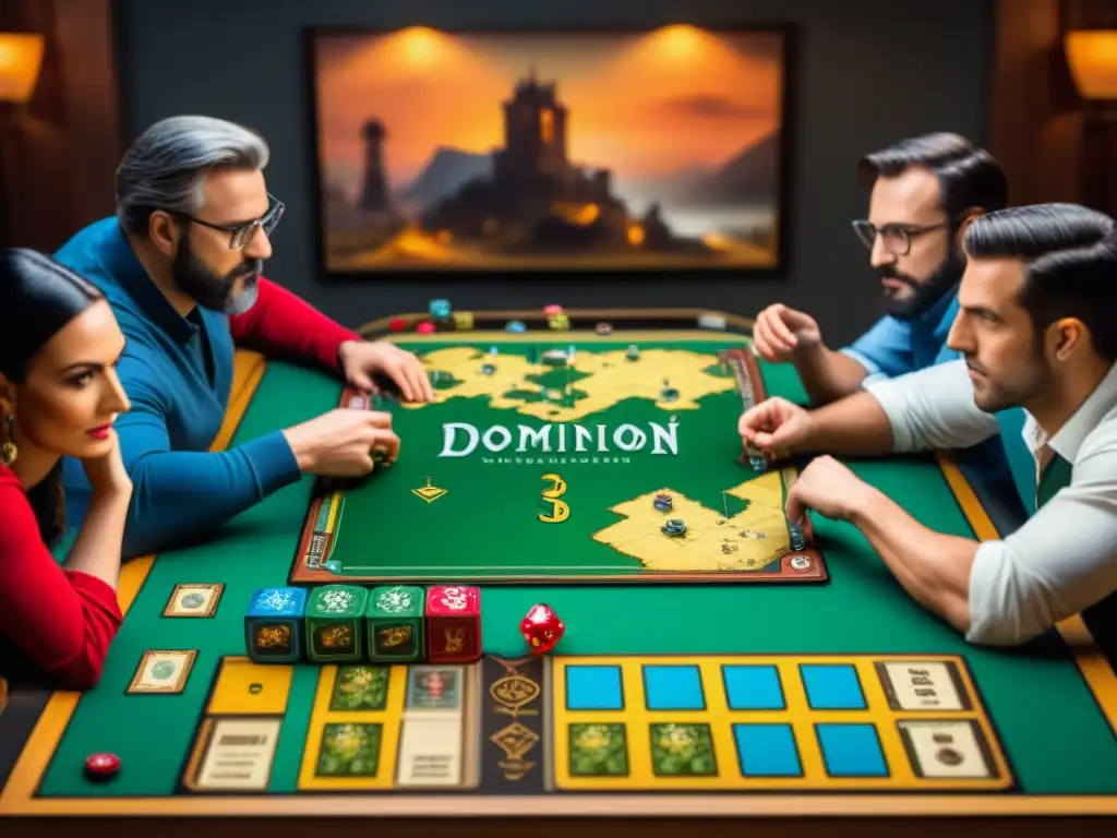 Grupo de entusiastas de juegos de mesa inmersos en emocionante partida de Dominion con las mejores expansiones