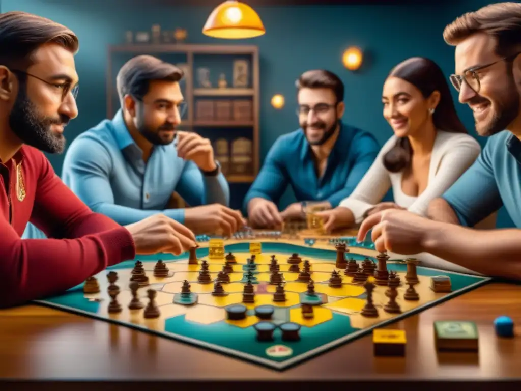 Un grupo de entusiastas de juegos de mesa planificando estrategias para promocionar juegos de mesa en una partida intensa de Catan