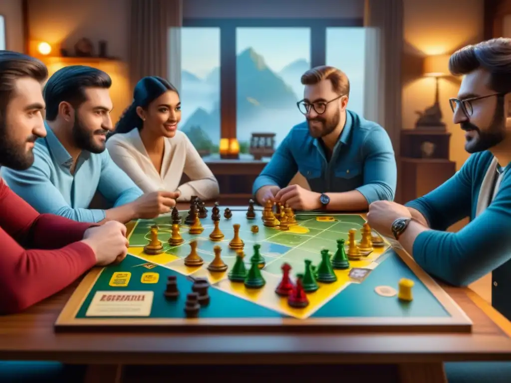 Grupo de entusiastas de juegos de mesa colaborando en Settlers of Catan