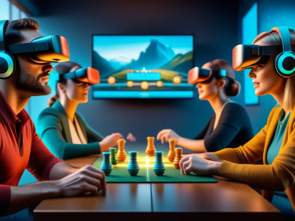 Un grupo de entusiastas de juegos de mesa, inmersos en la Realidad Virtual para juegos de mesa, con expresiones de concentración y asombro