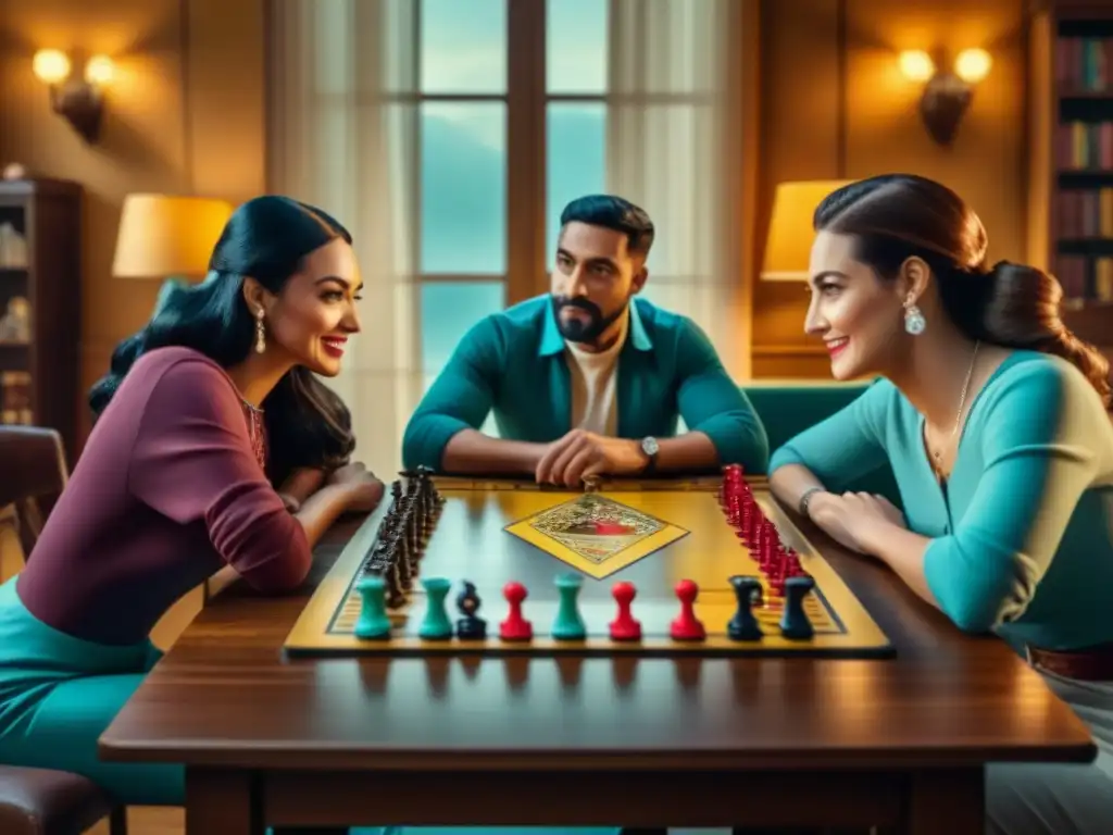 Encanto de juegos de mesa: Diversión y camaradería en acción Un grupo de entusiastas de juegos de mesa disfrutando de Tesoros Perdidos en una atmósfera llena de emoción y camaradería