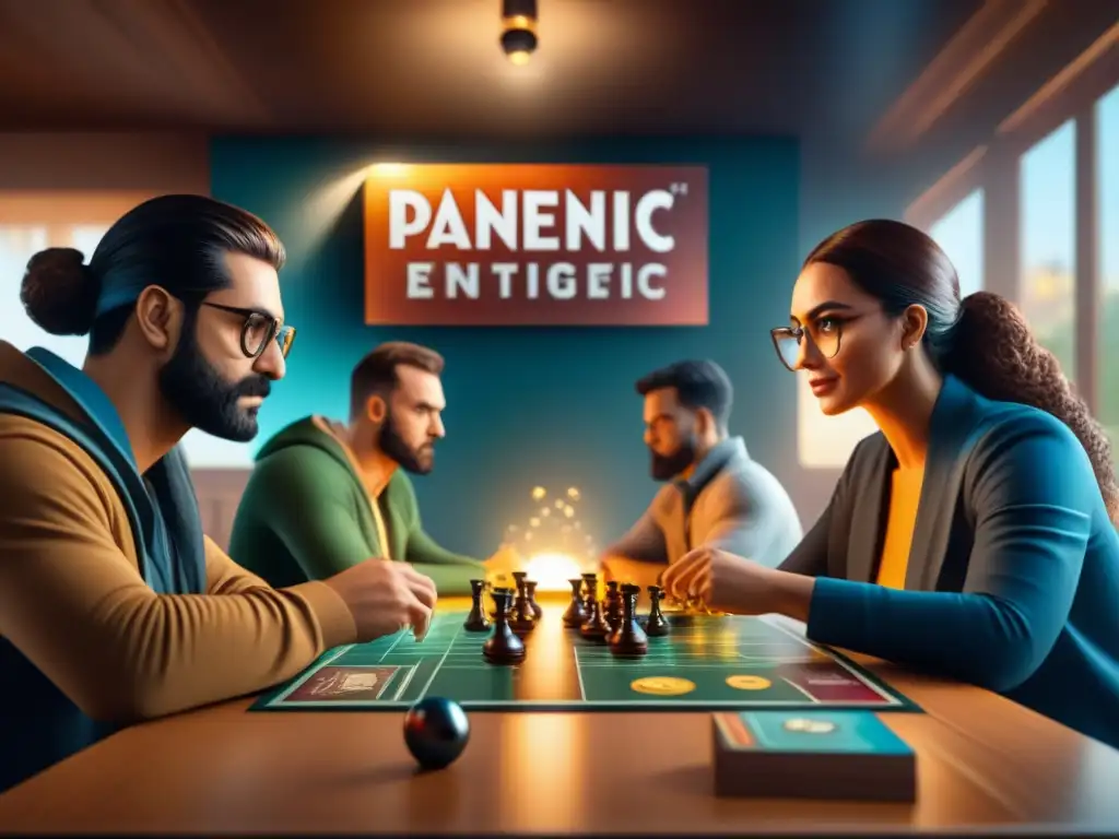 Un grupo de entusiastas de juegos de mesa concentrados y emocionados, jugando la edición limitada de Pandemic