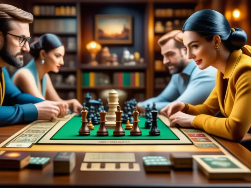 Emoción y nostalgia en grupo de coleccionistas de juegos de mesa vintage Un grupo de entusiastas de juegos de mesa examinan con emoción tesoros perdidos en una mesa llena de juegos vintage