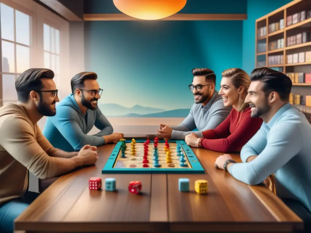 Un grupo de estrategias influencers de juegos de mesa, disfrutando y probando un nuevo juego en un café acogedor