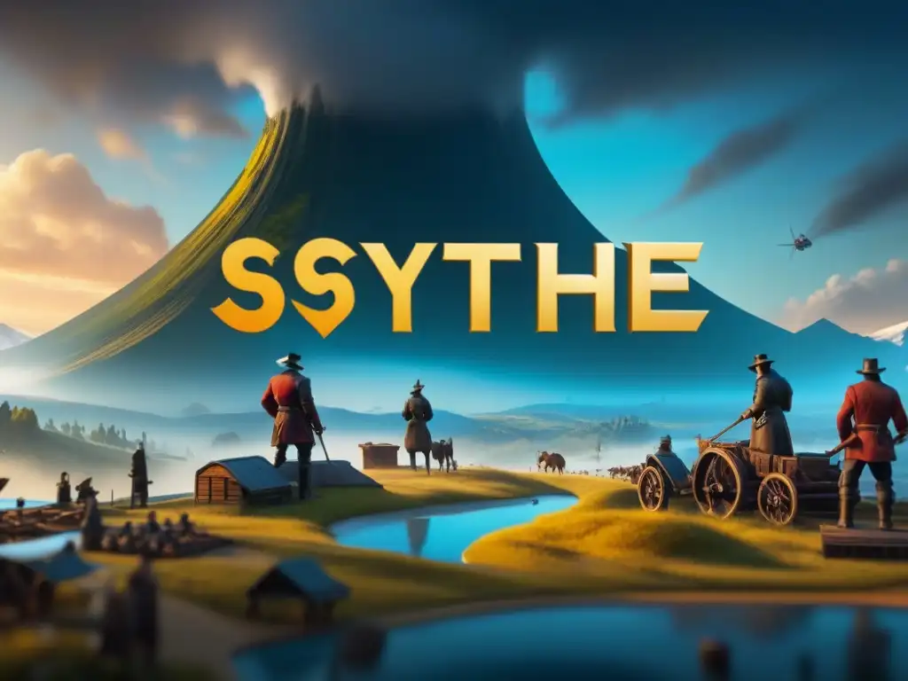 Grupo estratégico de jugadores de mesa disfrutando de las expansiones Scythe, inmersos en el juego