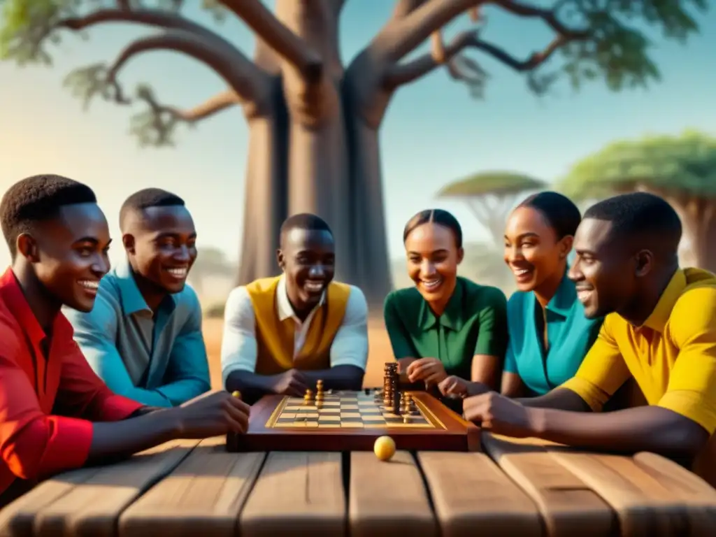 Grupo de jóvenes estudiantes africanos jugando un juego de mesa tradicional bajo un baobab