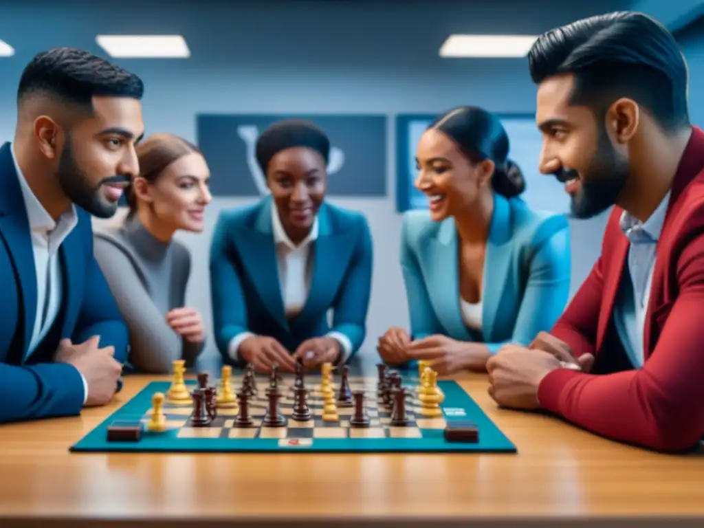 Un grupo de estudiantes diversos concentrados en un juego de mesa estratégico en un aula