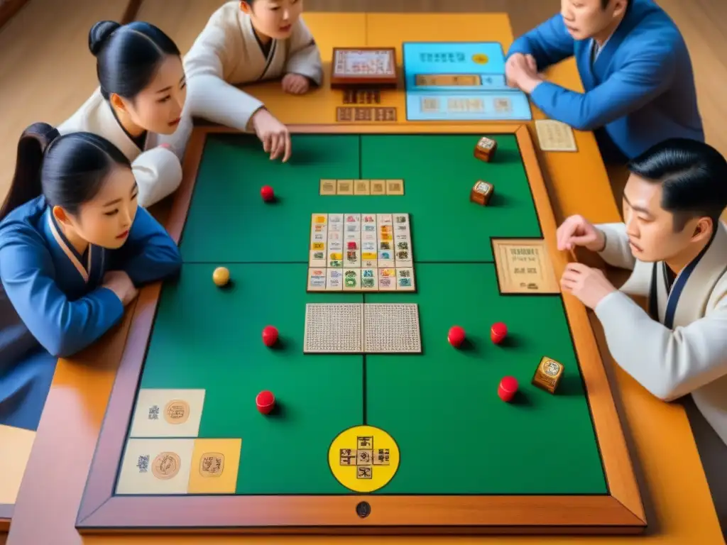 Grupo de estudiantes concentrados en un juego de mesa coreano educativo 'Yutnori', fomentando habilidades de pensamiento crítico y trabajo en equipo