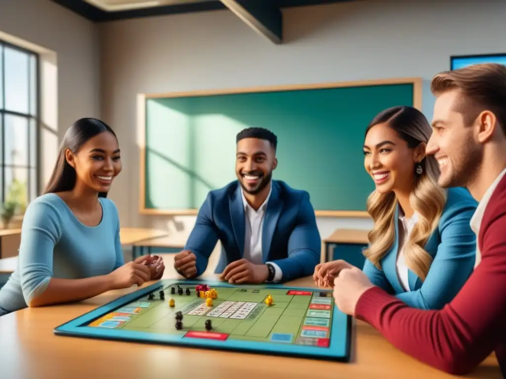 Grupo de estudiantes de diferentes edades disfrutando de un juego de mesa educativo en el aula